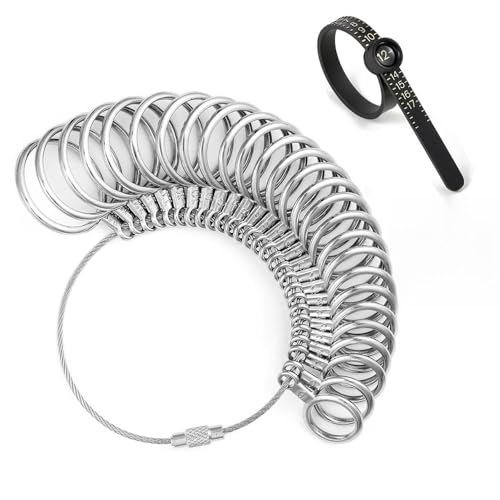 Metall-Ringgrößen-Messwerkzeug-Set, 31-teilig, Edelstahl-Messringwerkzeug, US-Ringgröße 0–15 mit halber Größe und wiederverwendbarer Fingergröße 1–17, US-Ringgröße mit Lupe Metall-Ringgrößen-Messwerkzeug-Set, 31-teilig, Edelstahl-Messringwerkzeug, US-Ringgröße 0–15 mit halber Größe und wiederverwendbarer Fingergröße 1–17, US-Ringgröße mit Lupe von Yzzyemn