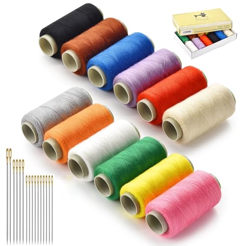 Nähgarn-Set, 12 Farben, 402 Spulen aus Polyester mit Nadel-Set, Haarverlängerungsgarn, runde Haarfäden, 300 Meter pro Stück, für Hand- und Maschinennähen, Heimwerken und Zuhause von Yzzyemn