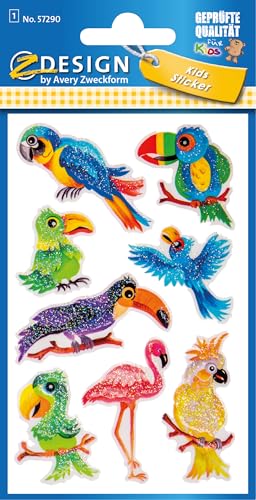 Z-Design AVERY Zweckform Glitter Sticker Vögel 8 Aufkleber (selbstklebende farbenfrohe Kindersticker zum Spielen, Basteln, Sammeln, für Freundschaftsbücher und Poesiealben) 57290, 16.1 x 8.5 x 0.2 cm von AVERY Zweckform