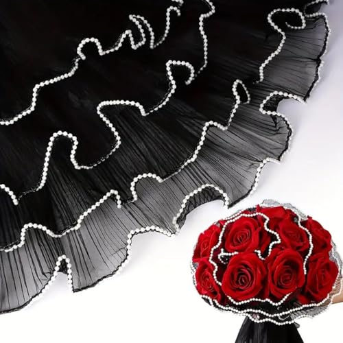 Blumenstrauß-Verpackungspapier, Perlenrand, Blumenverpackungspapier, Falten, durchscheinendes Netzpapier für Floristenbedarf, Hochzeitsdekoration, Geschenkverpackung (schwarz, groß) von ZAAWUUT