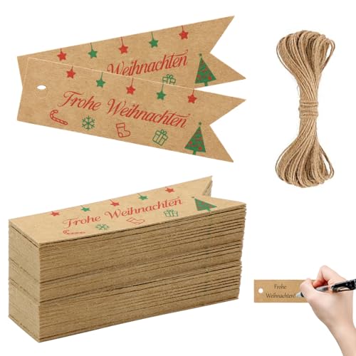100 Frohe Weihnachten Geschenkanhänger Etiketten - Weihnachten Geschenkanhänger, Kraftpapier Etiketten, Handarbeit Inklusive 10m Schnur, Etiketten Zum Verpacken Von Weihnachtsgeschenken von ZABARE