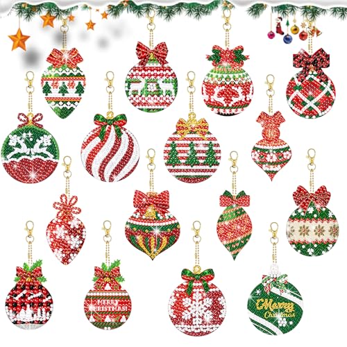 ZABARE 16 Stück Diamond Painting Weihnachten Anhänger, 5D Diamant Painting Weihnachten Beidseitig Diamond Painting Schlüsselanhänger DIY Bastelset Weihnachten Kinder Erwachsene von ZABARE