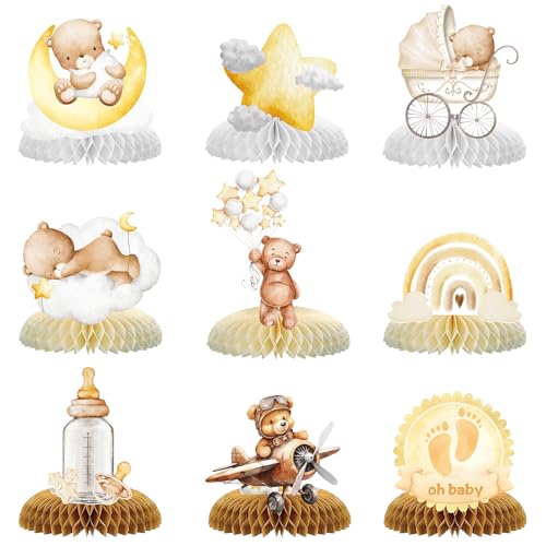 ZABARE Babyparty Tischdeko,9 Stück Gender Reveal Party Deko mit Bär Motiv Bienenwabe Mittelstück Tischdekoration Mädchen oder Jungen,Boy or Girl Deko,Baby Shower Tischaufsätze Geschlecht Verkünden von ZABARE