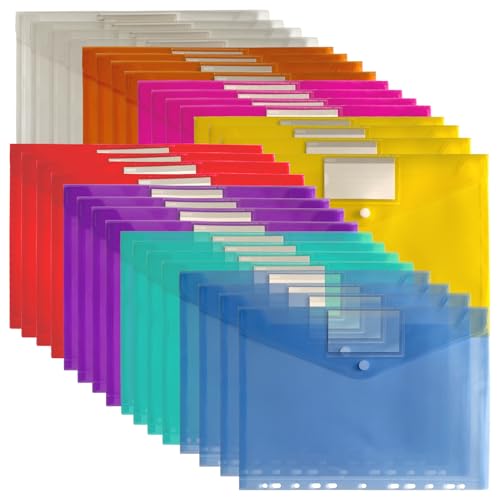 ZACHMEST Dokumentenmappe A4 Ablagetasche 32 Stück, 8 Farben A4 Dokumentenmappe mit 11 perforierten Kanten und Etikettentasche & Schnappverschluss, wasserdichte Organisationsmappen für A4 Dokumente von ZACHMEST