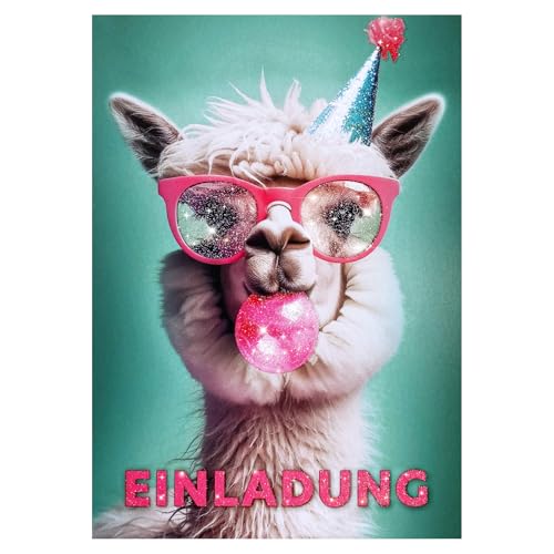 ZADAWERK® Einladungskarten - Alpaka - 12 Stück - Glitzer-Effekt - Party Einladung - 12er Set - Kindergeburtstag – witziges gemütliches Lama - Tierkarte von ZADAWERK