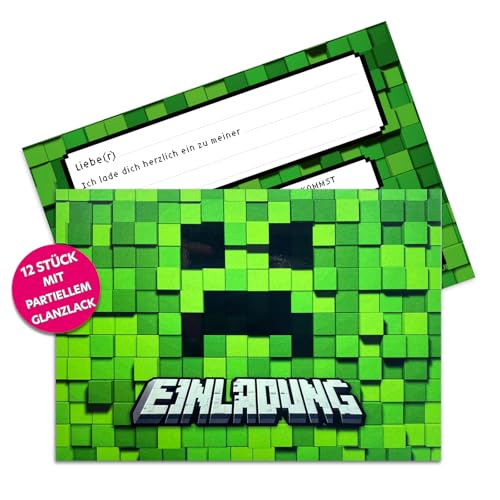 ZADAWERK® Einladungskarten – Pixel Grün – 12 Stück - Spotlack - Gaming Pixelmotiv – Party Einladung - 12er Set – Kindergeburtstag - Zockerparty - Generisch von ZADAWERK