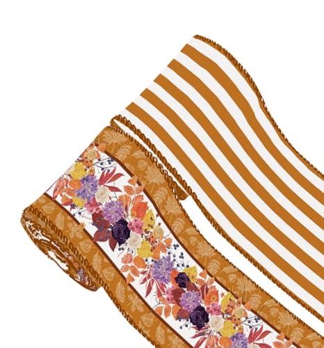 ZAWE 2 Rollen Herbstband, 5,1 cm, 9,1 m, gestreifte Ahornblätter, bunte Blumen, Drahtrand, Band für Zuhause, Schleife, Kranz, Basteln, Geschenkverpackung, Herbst, Erntedankfest, Party-Dekorationen von ZAEW