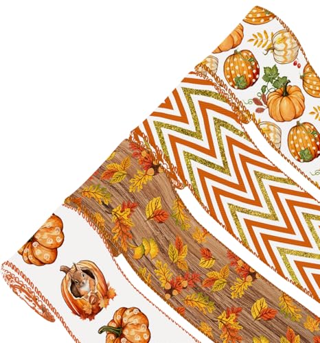 ZAWE 4 Rollen Herbstband, 5,1 cm, 20 Meter, Aquarellfarben, Kürbisse, Ahornblätter, Eichhörnchen, Drahtrand, Band für Zuhause, Schleife, Kranz, Basteln, Geschenkverpackung, Herbst, Erntedankfest ZAWE 4 Rollen Herbstband, 5,1 cm, 20 Meter, Aquarellfarben, Kürbisse, Ahornblätter, Eichhörnchen, Drahtrand, Band für Zuhause, Schleife, Kranz, Basteln, Geschenkverpackung, Herbst, Erntedankfest von ZAEW