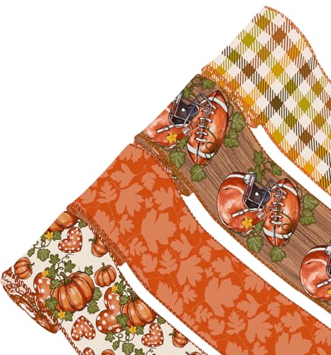 ZAWE 4 Rollen Herbstband, 5,1 cm, 20 Meter, Aquarellfarben, Kürbisse, Ahornblätter, Fußbälle, Drahtrand, Band für Zuhause, Schleife, Kranz, Basteln, Geschenkverpackung, Herbst, Erntedankfest ZAWE 4 Rollen Herbstband, 5,1 cm, 20 Meter, Aquarellfarben, Kürbisse, Ahornblätter, Fußbälle, Drahtrand, Band für Zuhause, Schleife, Kranz, Basteln, Geschenkverpackung, Herbst, Erntedankfest von ZAEW