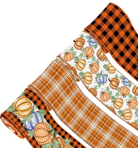 ZAWE 4 Rollen Herbstband, 5,1 cm, 20 m, Büffelkariert, Kürbisse, Ahornblätter, Drahtrand, Band für Zuhause, Schleife, Kranz, DIY, Handwerk, Geschenkverpackung, Herbst, Erntedankfest ZAWE 4 Rollen Herbstband, 5,1 cm, 20 m, Büffelkariert, Kürbisse, Ahornblätter, Drahtrand, Band für Zuhause, Schleife, Kranz, DIY, Handwerk, Geschenkverpackung, Herbst, Erntedankfest von ZAEW