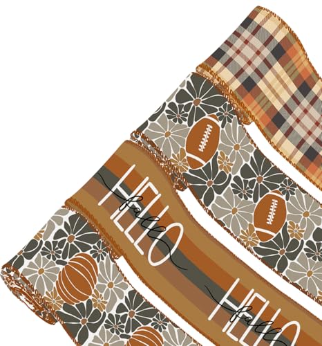 ZAWE Band mit Aufschrift "Hello Fall", gestreift, kariert, Kürbisse, Fußbälle, Drahtrand, für Zuhause, Schleife, Kranz, Basteln, Geschenkverpackung, Herbst, Erntedankfest, Party-Dekorationen, 4 Rollen ZAWE Band mit Aufschrift "Hello Fall", gestreift, kariert, Kürbisse, Fußbälle, Drahtrand, für Zuhause, Schleife, Kranz, Basteln, Geschenkverpackung, Herbst, Erntedankfest, Party-Dekorationen, 4 Rollen von ZAEW