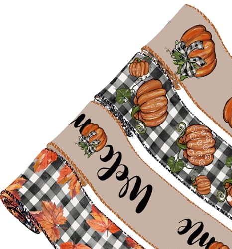 ZAWE Willkommensband, 4 Rollen, Herbstband, 5,1 cm, 20 Meter, Aquarell, kariert, Kürbisse, Ahornblätter, Drahtrand, Band für Zuhause, Schleife, Kranz, Basteln, Geschenkverpackung, Herbst ZAWE Willkommensband, 4 Rollen, Herbstband, 5,1 cm, 20 Meter, Aquarell, kariert, Kürbisse, Ahornblätter, Drahtrand, Band für Zuhause, Schleife, Kranz, Basteln, Geschenkverpackung, Herbst von ZAEW