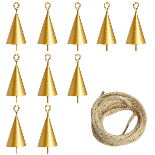 ZAHD 10 PCS rustikale Kegel Kuhglocken zum Basteln Vintage Rustikale Blechglocken Rustikale Goldfarbene Kuhglocken aus Metall mit Juteseil Glöckchen Kegelglocken zum Basteln Mit 2 m Hanfseil (Gold) von ZAHD