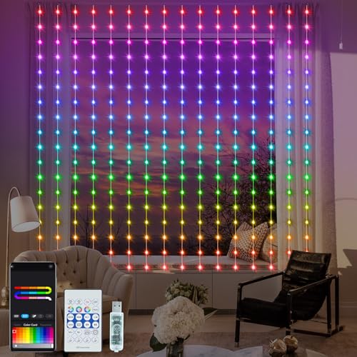 Intelligent Lichtervorhang RGB 5050 mit Integriertem Chip, 2,4M x 1,8M Vorhang Lichterkette Fernbedienung und APP-Steuerung, 144 LED Lichterketten Vorhang Innen für Hintergrund Terrasse Schlafzimmer von ZAIYW