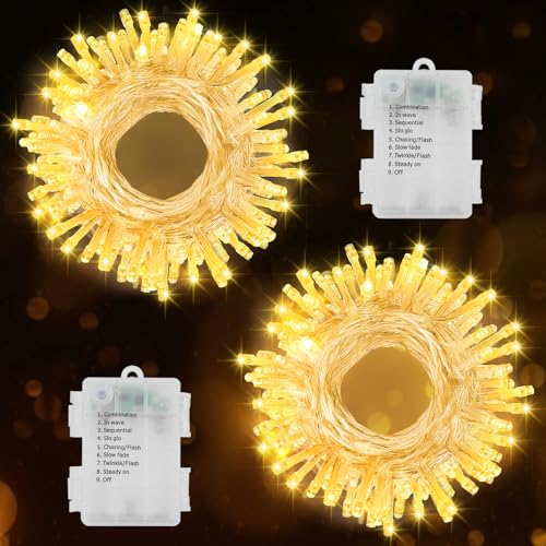 ZAIYW 2 Stück Lichterkette Batterie Weihnachten, 7M 70LEDs Lichterkette mit Batterie Timer, 8 Modi Wasserdicht Lichterkette Transparentes Kabel für Weihnachten Garten Balkon Hochzeit (Warmweiß) von ZAIYW