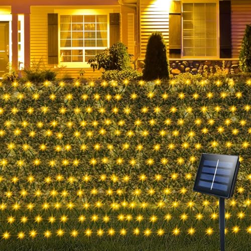 ZAIYW 3 m x 2 m Solar-Netzlichter, für den Außenbereich, 200 LEDs, solarbetriebene Netzlichter, grünes Kabel, automatisches An-/Ausschalten, wasserdichte Netz-Lichterkette für Balkon, Zaun, Garten von ZAIYW