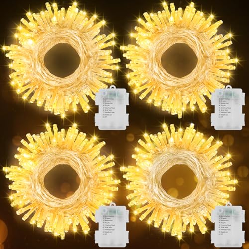 ZAIYW Lichterkette Batterie Weihnachten, 4 Stück 7M 70LEDs Lichterkette mit Batterie Timer, 8 Modi Wasserdicht Lichterkette Transparentes Kabel für Weihnachten Garten Balkon Hochzeit (Warmweiß) von ZAIYW