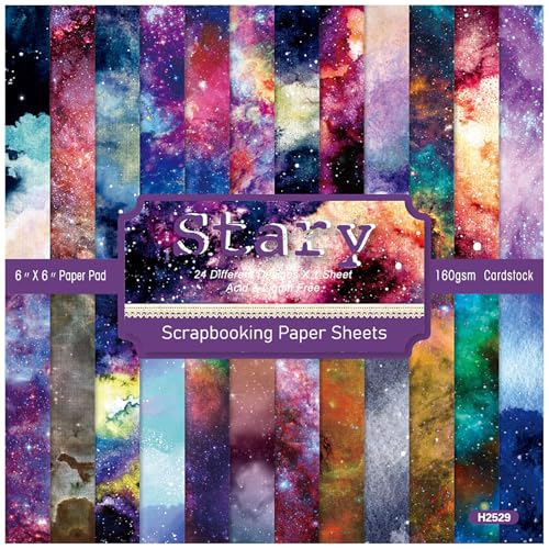 ZAKHSE Bastelpapier 15,2×15,2cm, 24 Brillanter Sternenhimmel Einseitig Bedruckt Motivpapier, 48 Bögen Gemustert Scrapbook Papier Designpapier für DIY, Bastelarbeiten, Dekorationen von ZAKHSE