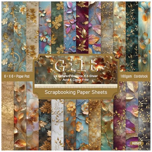 ZAKHSE Bastelpapier 15,2×15,2cm, 24 Goldene Blätter und Blumen Motive Einseitig Bedruckt Motivpapier, 48 Bögen Gemustert Scrapbook Papier Designpapier für DIY, Bastelarbeiten, Hochzeitsdekoration von ZAKHSE