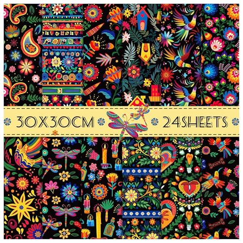 ZAKHSE Bastelpapier 30x30cm, 24 Blatt Mexikanischer Stil Designpapier Motivpapier, Blumenmuster Doppelseitig Bedruckt Scrapbook Papier für DIY Karten Gestalten Journaling Zubehör, 12 Designs, Schwarz von ZAKHSE