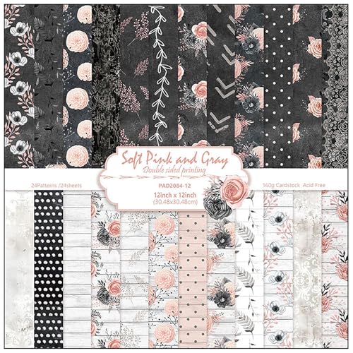 ZAKHSE Bastelpapier Doppelseitig Bedruckt, 24 Blatt Schwarz Motivpapier Blumen Spitzenmuster Designpapier, 30,5x30,5cm, 160g/m², Scrapbook Papier für DIY Karten Gestalten, 12 Designs, 24 Muster von ZAKHSE