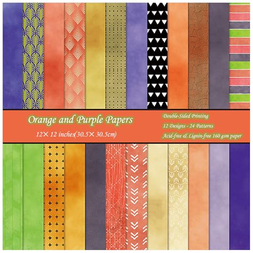 ZAKHSE Bastelpapier Muster, 24 Blatt Motivpapier zum Basteln, Doppelseitig Bedruckt Orange Halloween Designpapier, 12 Designs, 24 Motive, 30,5x30,5cm Scrapbook Papier DIY Karten Gestalten Zubehör von ZAKHSE