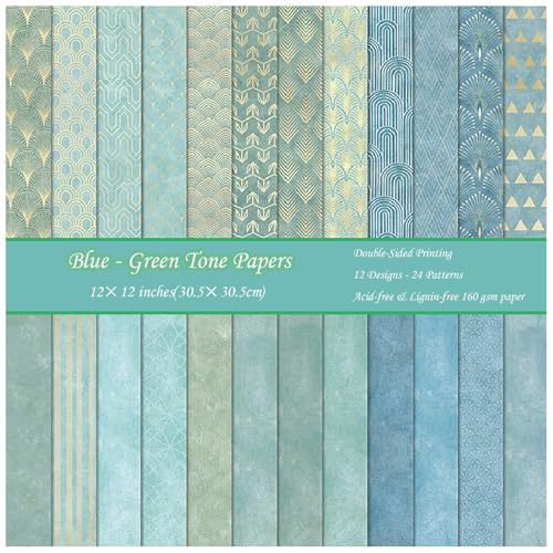 ZAKHSE Bastelpapier Muster, 24 Blatt Motivpapier zum Basteln, Doppelseitig Bedruckt Pfau Blau Designpapier, 12 Designs, 24 Motive, 30,5x30,5cm Scrapbook Papier DIY Hochzeit Karten Gestalten Zubehör von ZAKHSE