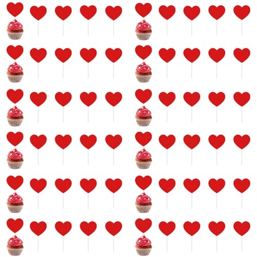 ZAKHSE Cupcake Toppers Valentinstag, 120 Stück Tortendeko, Rote Liebe Herz Frohe Valentinstag Kuchendeko, Niedliche Tortenstecker Cake Topper für Cupcakes Desserts Obst Valentinstag von ZAKHSE