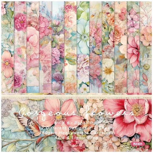 ZAKHSE Motivpapier, 24 Blatt Blumenmuster Designpapier Scrapbook Papier 15,2x15,2cm Einseitige Bedruckt Bastelpapier, 12 Designs, Farbige Design Papiere für DIY Scrapbooking Kartengestaltung von ZAKHSE