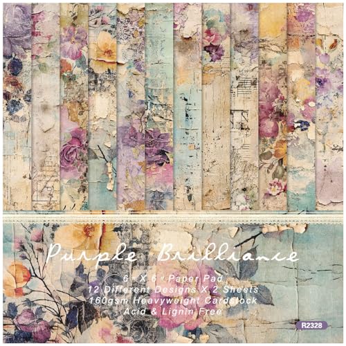 ZAKHSE Motivpapier, 24 Blatt Lila Blumenmuster Designpapier Scrapbook Papier 15,2x15,2cm Einseitige Bedruckt Bastelpapier, 12 Designs, Farbige Design Papiere für DIY Scrapbooking Kartengestaltung von ZAKHSE