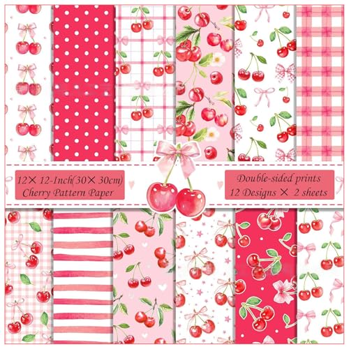 ZAKHSE Motivpapier 15,2×15,2cm, 24 Blatt Kirsche Designpapier Doppelseitig Bedruckt Sommer Obst Motive Scrapbook Papier, Rot Bastelpapier für DIY Karten Gestalten Bastelarbeiten, 12 Muster von ZAKHSE