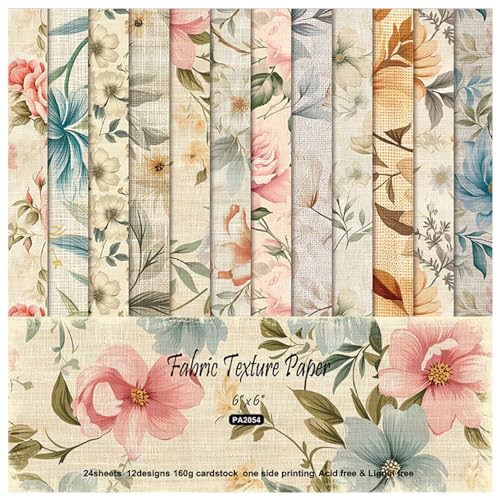 ZAKHSE Motivpapier 15,2x15,2cm, 48 Blatt Designpapier Blumenmuster, Gewebestruktur Scrapbook Papier, Einseitig Bedruckt Bastelpapier Bunt, 12 Designs, Muster Papier Dekopapier für Kartenherstellung von ZAKHSE