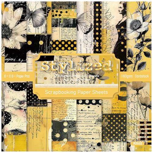 ZAKHSE Motivpapier 15,2x15,2cm, 48 Blatt Punkt Schmetterling Blume Designpapier Einseitig Bedruckt Scrapbook Papier, Schwarz, Gelb Bastelpapier für DIY Karten Gestalten Sammelalbum, 12 Designs von ZAKHSE