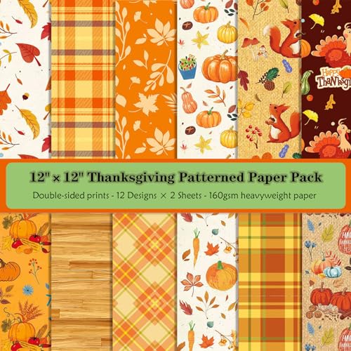 ZAKHSE Motivpapier Designpapier, 24 Blatt Erntedankfest Motive Scrapbook Papier 30x30cm Kürbis Ahornblätter Doppelseitige Bedruckt Bastelpapier Bunt 160gsm Dekopapier für Papierkunst-12 Designs von ZAKHSE