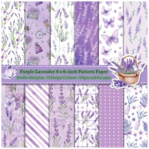 ZAKHSE Motivpapier Doppelseitig Bedruckt 24 Blatt Designpapier 30x30cm Lavendel Schmetterling Motive Scrapbook Papier, 160gsm Lila Bastelpapier für DIY Handarbeiten Karten Gestalten-12 Designs von ZAKHSE