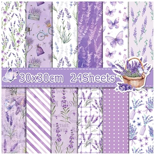 ZAKHSE Motivpapier Doppelseitig Bedruckt 24 Blatt Designpapier 30x30cm Lavendel Schmetterling Motive Scrapbook Papier, 160gsm Lila Bastelpapier für DIY Handarbeiten Karten Gestalten-12 Designs von ZAKHSE
