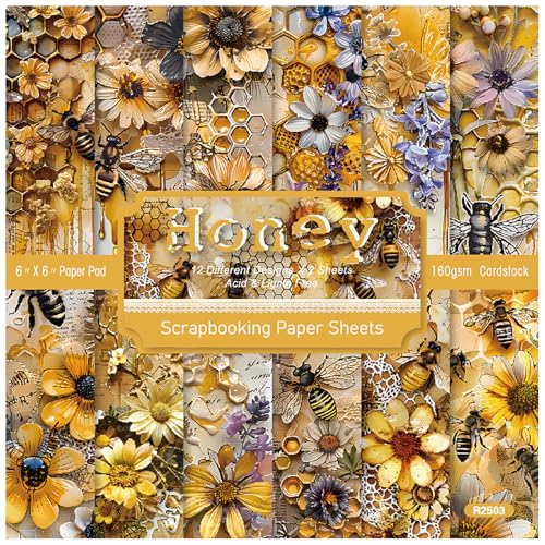 ZAKHSE Motivpapier Frühling, 24 Blatt Bienen Blumen Motive Designpapier 15,2x15,2cm Einseitig Bedruckt Gold Scrapbook Papier Bastelpapier Bunt für DIY Bastelarbeit Kartengestaltung-12 Designs von ZAKHSE