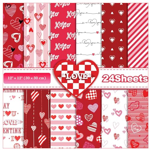 ZAKHSE Motivpapier Valentinstag, 24 Blätter Designpapier 30x30cm, Liebe Herzen Doppelseitig Bedruckt Scrapbooking Paket, 12 Designs, Bastelpapier Bunt Gemusterte Dekopapier für Karten Gestaltung-Rot von ZAKHSE