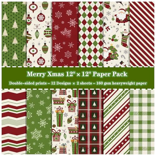 ZAKHSE Motivpapier Weihnachten, 24 Blatt Designpapier Weihnachtlich Muster, 30×30cm Doppelseitig Bedruckt Scrapbook Papier, Rot, Grün Bastelpapier für DIY Bastelarbeiten Weihnachtsdekor, 12 Designs von ZAKHSE