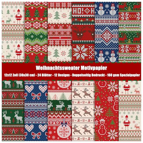 ZAKHSE Motivpapier Weihnachten, 24 Blatt Designpapier mit Hässlicher Pullover Muster, 30×30cm Doppelseitig Bedruckt Scrapbook Papier Strickmuster Bastelpapier für DIY Bastelarbeiten, 12 Designs ZAKHSE Motivpapier Weihnachten, 24 Blatt Designpapier mit Hässlicher Pullover Muster, 30×30cm Doppelseitig Bedruckt Scrapbook Papier Strickmuster Bastelpapier für DIY Bastelarbeiten, 12 Designs von ZAKHSE