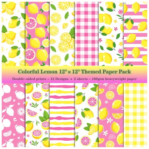 ZAKHSE Motivpapier Zitronenmuster, Zitrone Motive Designpapier 30x30cm, 24 Blatt Doppelseitig Bedruckt Bstelpapier, Rosa, Gelb, Scrapbook Papier Dekorpapier für DIY Karten Gestalten, 12 Designs von ZAKHSE