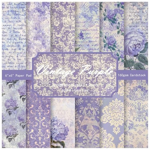 ZAKHSE Motivpapier zum Basteln, 36 Blatt Lila Blumenmuster Designpapier, 15,2x15,2cm Einseitig Bedruckt Scrapbook Papier, 12 Designs, 160gsm Gemustertes Bastelpapier (03, 15,2x15,2cm) von ZAKHSE