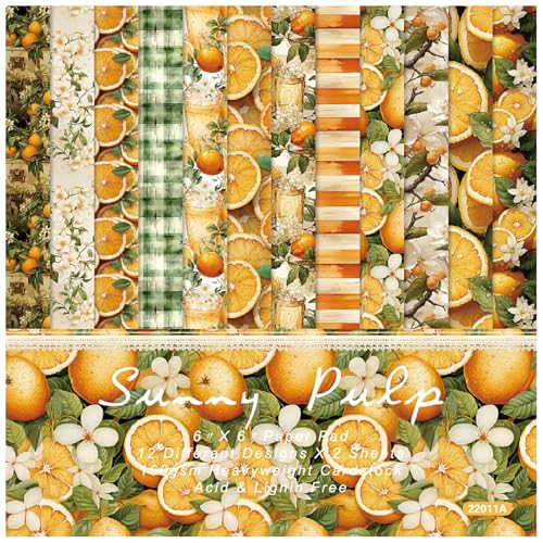 ZAKHSE Motivpapier zum Basteln, 48 Blatt Saftig Orangen Blumenmuster Scrapbook Papier, 15.2x15.2cm Einseitig Bedruckt Designpapier Bastelpapier 160 gsm Dekopapier für DIY, Handarbeiten, 12 Designs von ZAKHSE