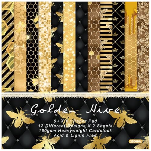 ZAKHSE Motivpapier zum Basteln, 48 Bögen Designpapier Einseitig Bedruckt 15,2x15,2cm, Gold Biene Bienennester Muster Scrapbooking Papier, 12 Designs, Bastelpapier Bunt DIY Handwerk Scrapbook Zubehör ZAKHSE Motivpapier zum Basteln, 48 Bögen Designpapier Einseitig Bedruckt 15,2x15,2cm, Gold Biene Bienennester Muster Scrapbooking Papier, 12 Designs, Bastelpapier Bunt DIY Handwerk Scrapbook Zubehör von ZAKHSE