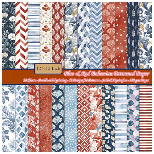 ZAKHSE Scrapbook-Papier, 30,5 x 30,5 cm, doppelseitig, Bohemian-Stil, gemusterter Karton, 24 Blatt, Vintage-Stil, blau und rot, Aquarell-Scrapbooking-Zubehör, DIY, dekoratives Bastelpapier, 12 Designs ZAKHSE Scrapbook-Papier, 30,5 x 30,5 cm, doppelseitig, Bohemian-Stil, gemusterter Karton, 24 Blatt, Vintage-Stil, blau und rot, Aquarell-Scrapbooking-Zubehör, DIY, dekoratives Bastelpapier, 12 Designs von ZAKHSE