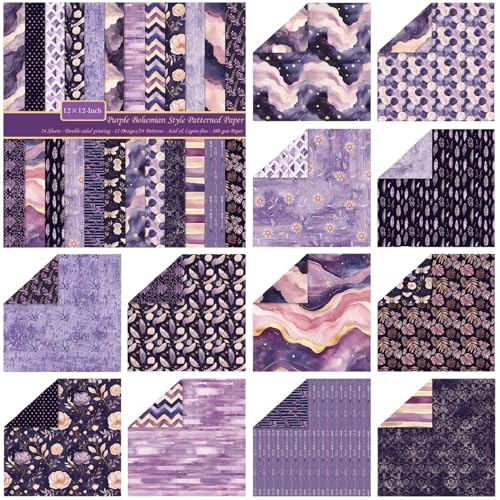ZAKHSE Scrapbook-Papier, 30,5 x 30,5 cm, doppelseitig, Bohemian-Stil, gemusterter Karton, 24 Blatt, violettes Aquarell-Scrapbooking-Zubehör, 160 g/m², dekoratives Bastelpapier, 12 Designs, 24 Muster ZAKHSE Scrapbook-Papier, 30,5 x 30,5 cm, doppelseitig, Bohemian-Stil, gemusterter Karton, 24 Blatt, violettes Aquarell-Scrapbooking-Zubehör, 160 g/m², dekoratives Bastelpapier, 12 Designs, 24 Muster von ZAKHSE