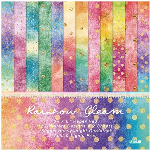 ZAKHSE Scrapbook Papier, 48 Blatt Motivpapier Regenbogen Farben Designpapier Gold Punkte Einseitig Bedruckt 15,2x15,2cm Bastelpapier Muster Dekorpapier für Bastelarbeiten Journaling Zubehör, 12 Motive von ZAKHSE