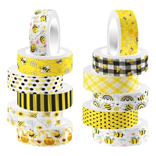 ZAKHSE Washi Tape Set, 12 Rollen Bienen Punkte Blumen Motive Masking Tapes, Breite 15mm, Klebeband Bunt Papierband Washitape, Dekoratives Klebeband zum Basteln, Dekoband für DIY Kunst Handwerk-Gelb von ZAKHSE