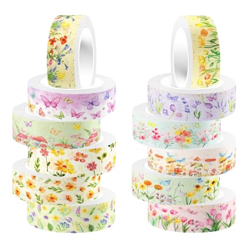 ZAKHSE Washi Tape Set, 12 Rollen Schmetterlinge Blumen Tulpen Druck Masking Tapes, Breite 15mm, Klebeband Bunt Papierband Washitape, Dekoratives Klebeband zum Basteln, Dekoband für DIY Kunst Handwerk von ZAKHSE