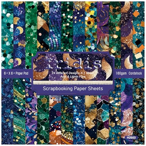 ZAKHSE Weihnachts-Scrapbook-Papier, 15,2 x 15,2 cm, 24 Blatt, Grün, Lila, Gold, Pailletten-Karton, 24 Designs, einseitig gemustert, dekorativer Bastelpapierblock für Urlaub, DIY, Fotoalbum von ZAKHSE